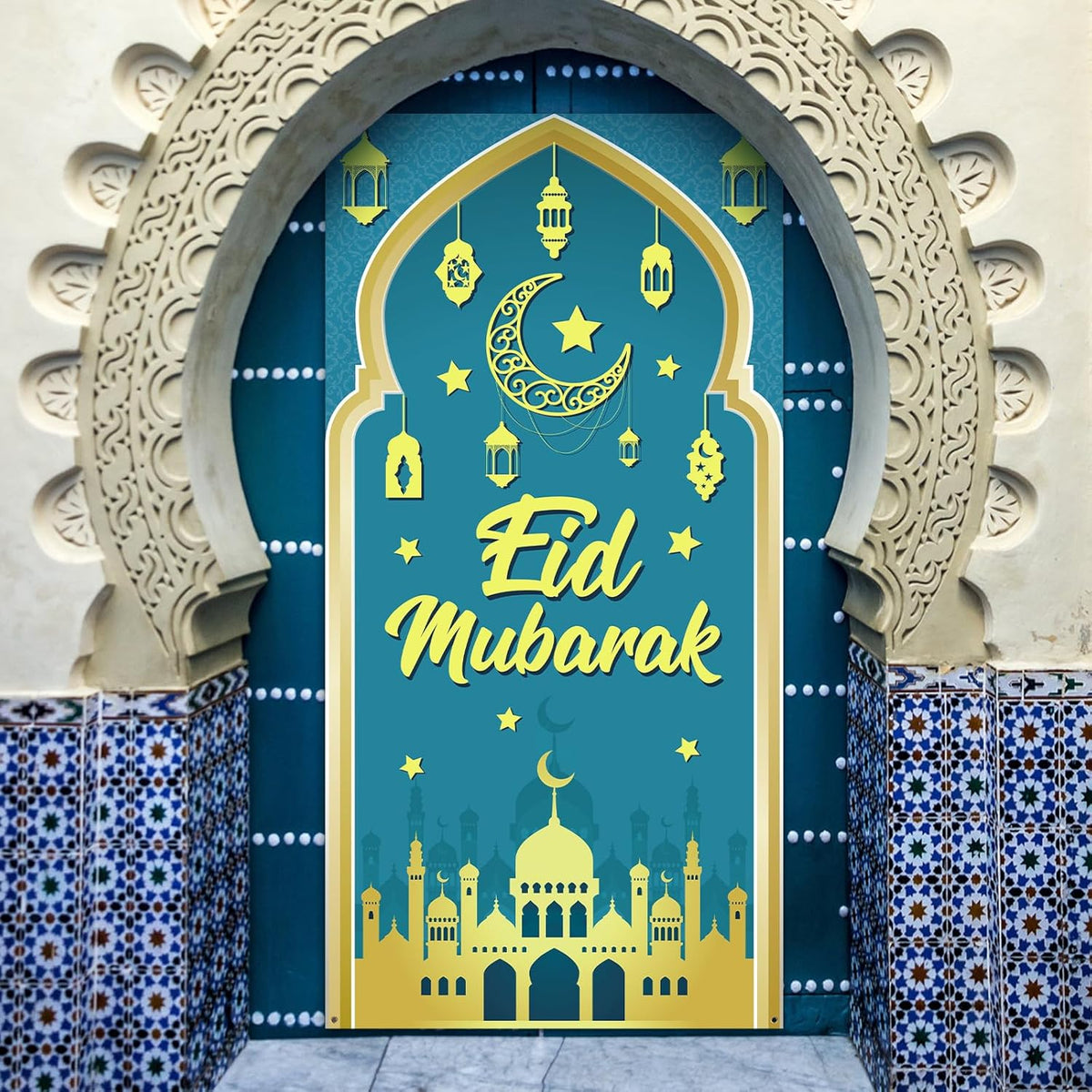 Eid-Mubarak-Türbanner 180 × 90 cm – Laternen, Halbmond & Moschee