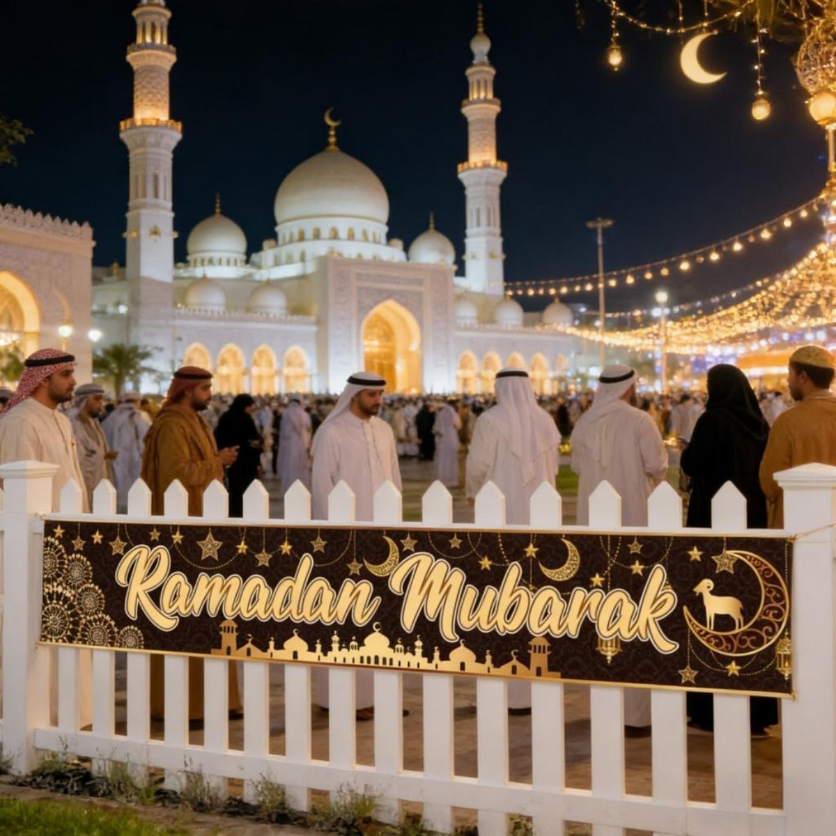 «Ramadan Mubarak»-Banner schwarz-gold – für Zaun, Balkon & Wand