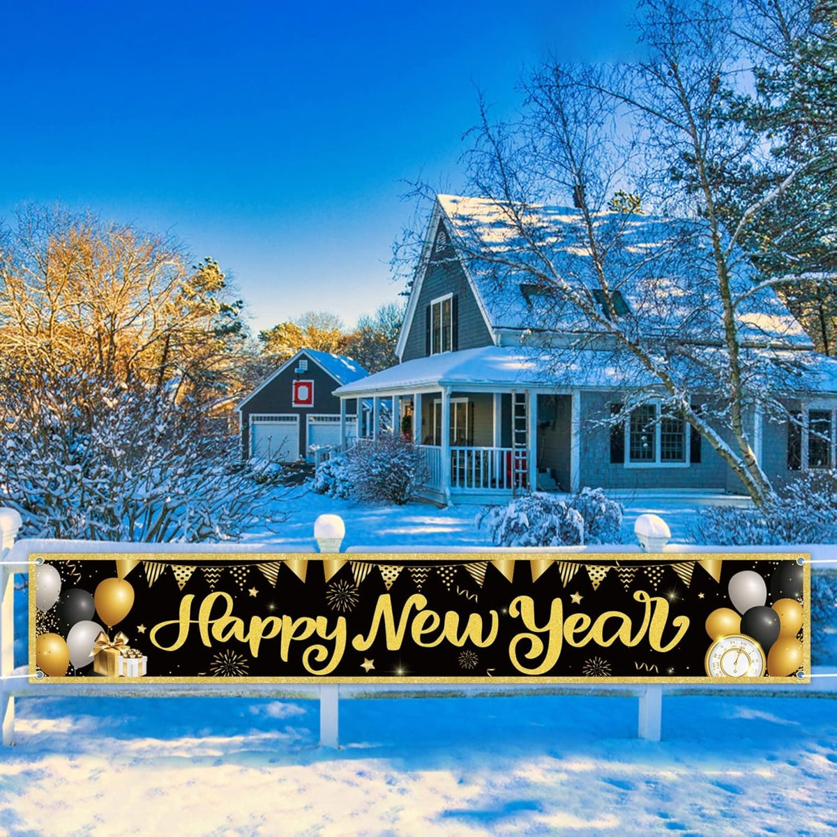 Banner «Happy New Year» 300 × 50 cm schwarz-gold – Silvesterdeko für drinnen & draussen