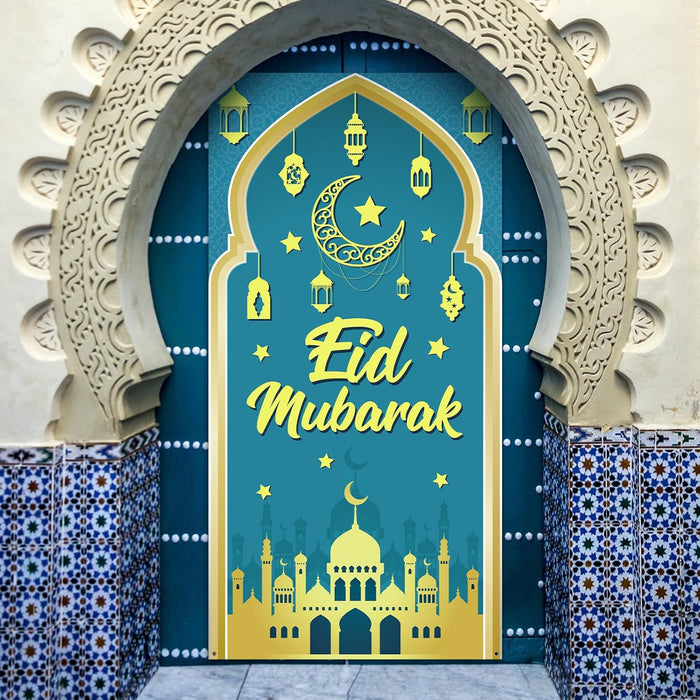 Eid-Mubarak-Türbanner 180 × 90 cm – Laternen, Halbmond & Moschee