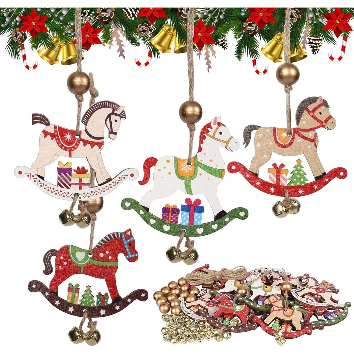 Schaukelpferd-Anhänger aus Holz, 16er-Set – Christbaumschmuck mit Perlen & Glöckchen