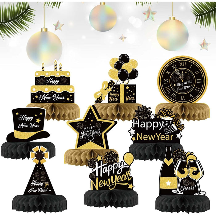 Silvester-Tischdeko 9-teilig schwarz-gold – Waben-Aufsteller «Happy New Year»