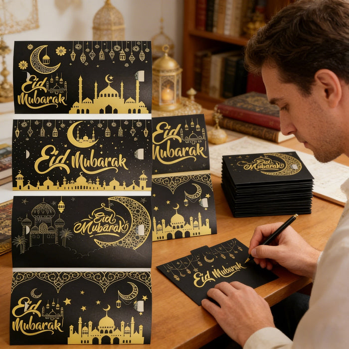 «Eid Mubarak»-Karten 24er-Set mit Umschlägen – schwarz-gold, für Geldgeschenke